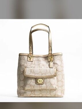 Coach Beige Signature Canvas Tote with Gold Hardware